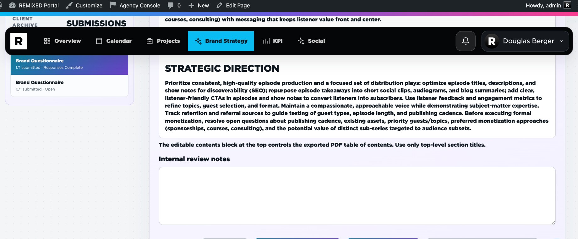 Actual Brand Strategy workspace in Agency Dashboard